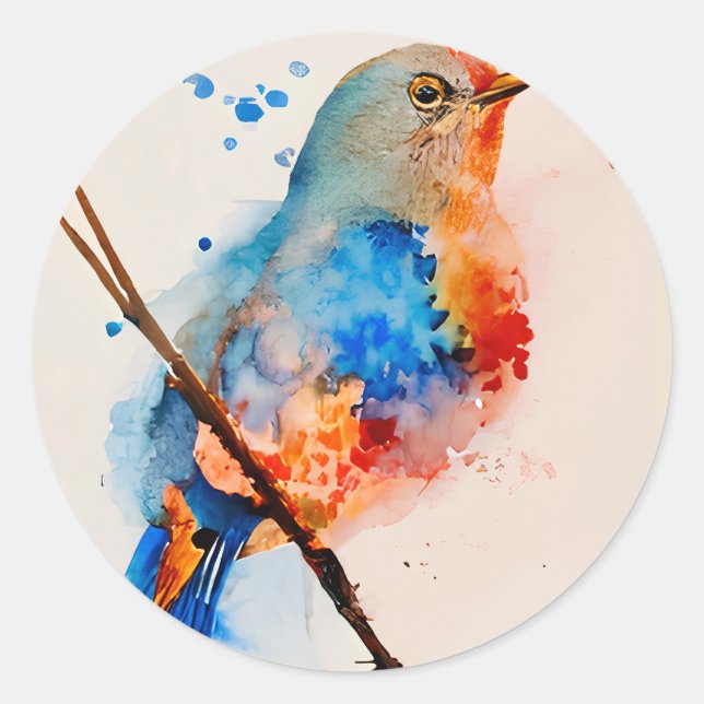 Sticker Rond Aquarelle Oiseau Peinture Toile Mur Art Bleu Oisea (Devant)