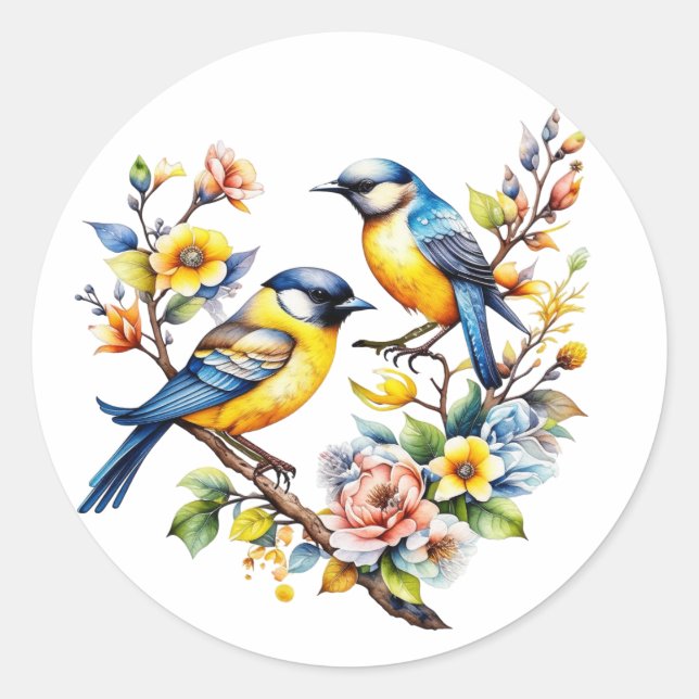 Sticker Rond Aquarelle Oiseaux et fleurs jaunes et bleus (Devant)