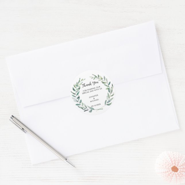 Sticker Rond Aquarelle olive feuille Mariage Merci Favoriser (Enveloppe)