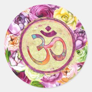 Sticker Rond Aquarelle OM symbole avec fleurs