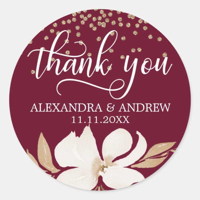 Sticker Rond Aquarelle or de Bourgogne Merci Mariage Floral (Devant)