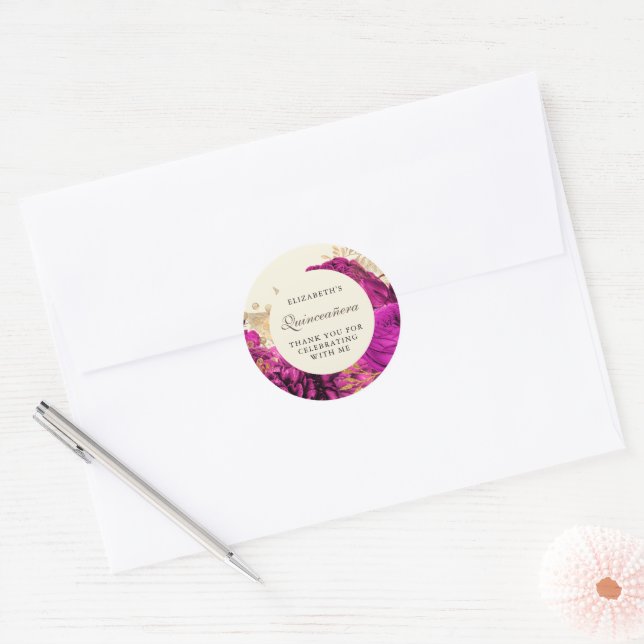 Sticker Rond Aquarelle Or Roses Rose Quinceañera (Enveloppe)