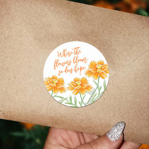 Sticker Rond Aquarelle orange brûlée cosmos fleurs espoir citat