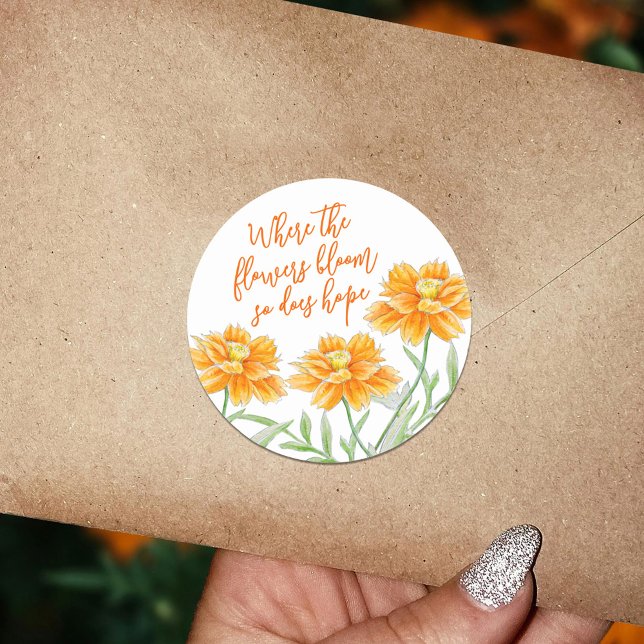 Sticker Rond Aquarelle orange brûlée cosmos fleurs espoir citat (Créateur téléchargé)