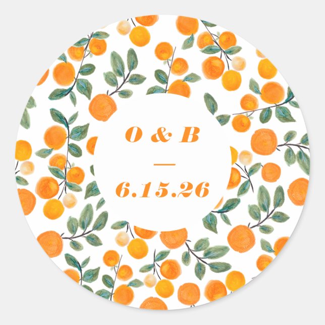 Sticker Rond Aquarelle Orange Citrus Monogramme Mariage (Devant)