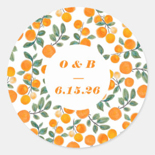 Sticker Rond Aquarelle Orange Citrus Monogramme Mariage