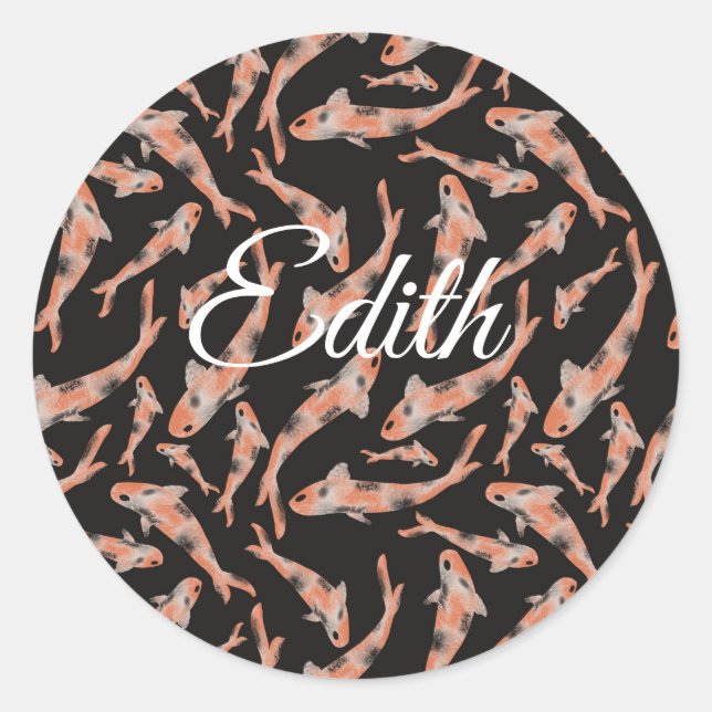 Sticker Rond Aquarelle Orange Koi Poisson Noir Personnalisé (Devant)