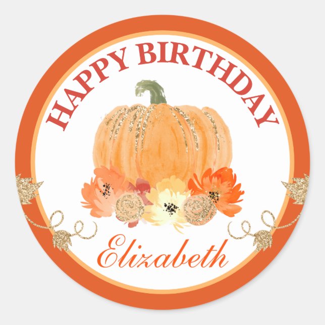Sticker Rond Aquarelle Orange & Or Citrouille Joyeux anniversai (Devant)