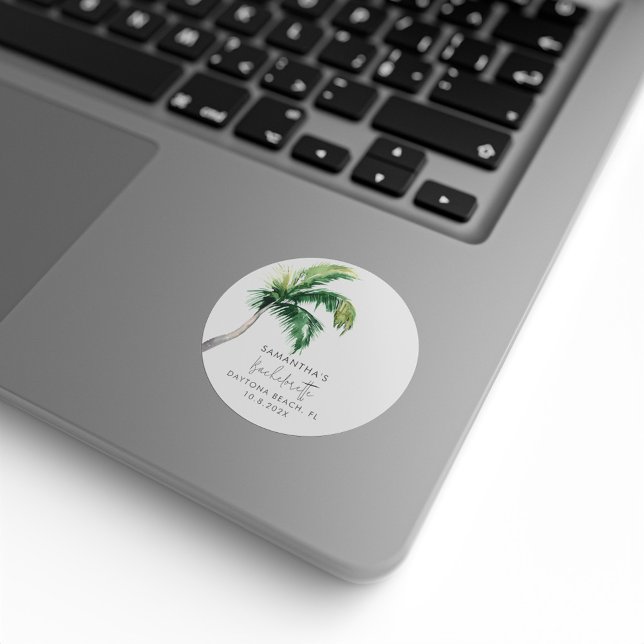 Sticker Rond Aquarelle Palmier Personnalisé Enterrement de Vie  (Palm Tree Coastal Bachelorette Party Classic Round Stickers)