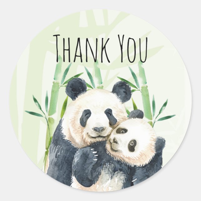 Sticker Rond Aquarelle Panda Ours Maman & Bébé en Bambou (Devant)
