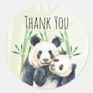 Sticker Rond Aquarelle Panda Ours Maman & Bébé en Bambou