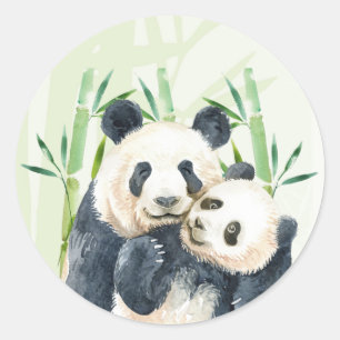 Sticker Rond Aquarelle Panda Ours Maman & Bébé en Bambou