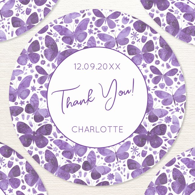 Sticker Rond Aquarelle papillon Purple Merci Nom Date (Pretty purple butterfly pattern thank you personalized name date sticker)