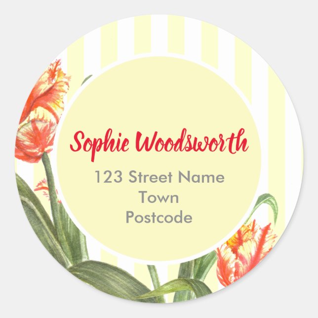 Sticker Rond Aquarelle Parrot Jaune Tulipes Floral Art Stripes (Devant)