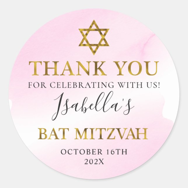 Sticker Rond Aquarelle Pastel Pink Gold Bat mitzvah Merci (Devant)