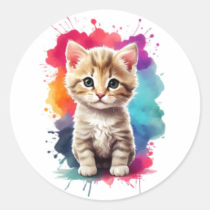 Sticker Rond Aquarelle Pâte Art Cute Kitten Splatt Peinture