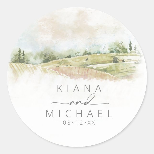 Sticker Rond Aquarelle Paysage Mariage Sage Green ID786 (Devant)