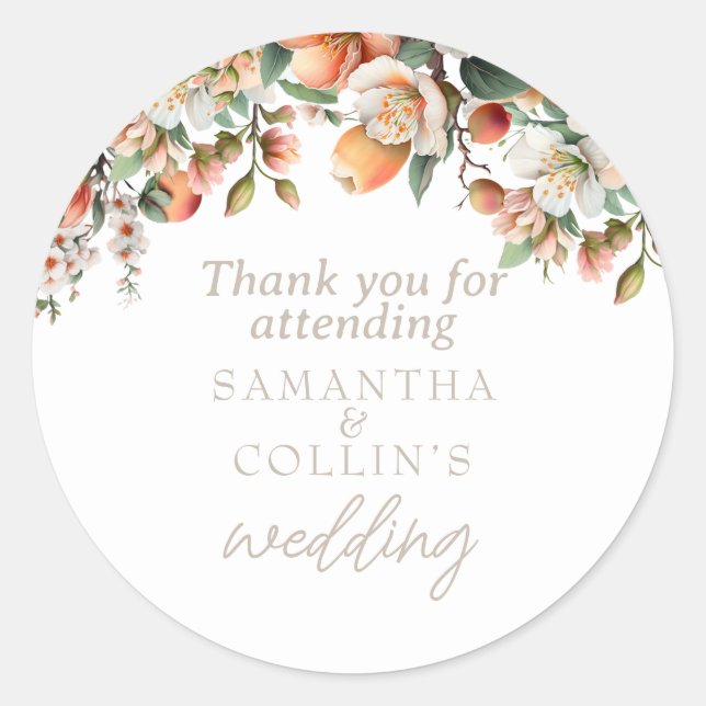 Sticker Rond Aquarelle Peach Sage Vert Mariage Floral (Devant)