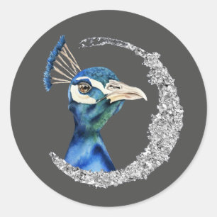 Sticker Rond Aquarelle Peacock avec Parties scintillant Argent