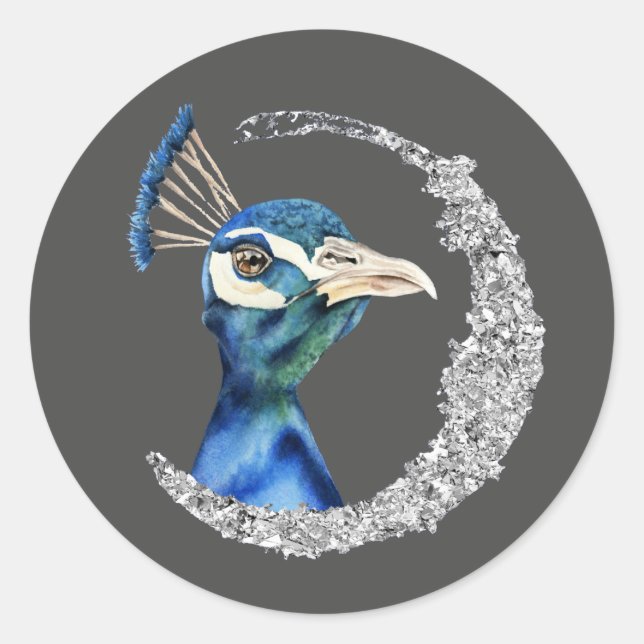 Sticker Rond Aquarelle Peacock avec Parties scintillant Argent  (Devant)