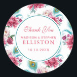 Sticker Rond Aquarelle Peacock & Floral rouge | MERCI<br><div class="desc">Cette belle motif d'aquarelle présente plumes de paon et fleurs roses | © et ® Bigstock® - Tous droits réservés.</div>