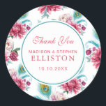 Sticker Rond Aquarelle Peacock & Floral rouge | MERCI<br><div class="desc">Cette belle motif d'aquarelle présente plumes de paon et fleurs roses | © et ® Bigstock® - Tous droits réservés.</div>