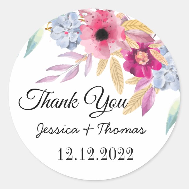 Sticker Rond Aquarelle Peony Fleurs Merci Mariage Faveur (Devant)