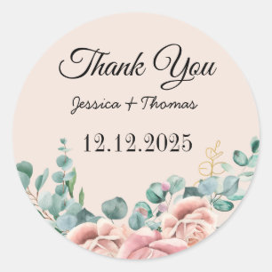 Sticker Rond Aquarelle Peony Fleurs Merci Mariage Faveur