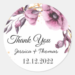 Sticker Rond Aquarelle Peony Fleurs Merci Mariage Faveur