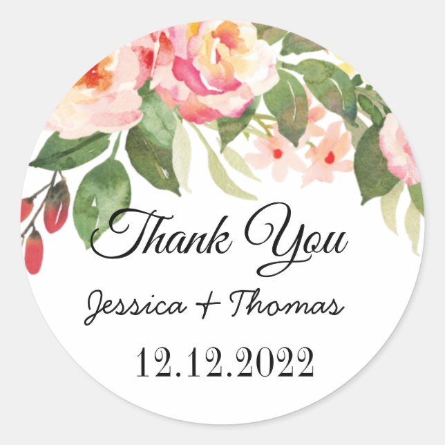 Sticker Rond Aquarelle Peony Fleurs Merci Mariage Faveur C (Devant)