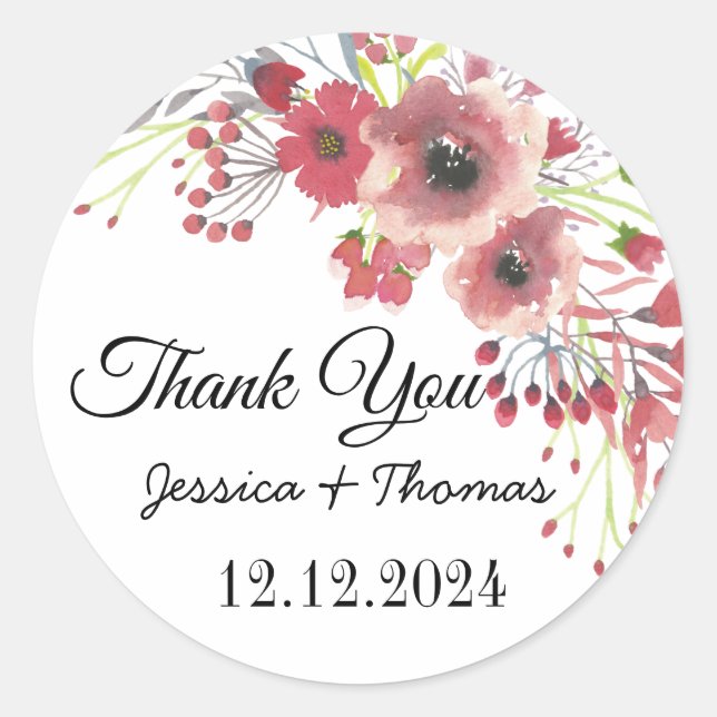 Sticker Rond Aquarelle Peony Fleurs Merci Mariage Faveur C (Devant)