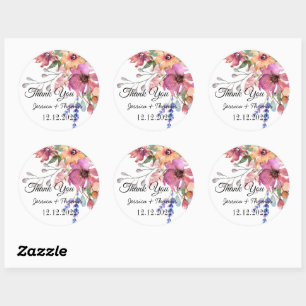 Sticker Rond Aquarelle Peony Fleurs Merci Mariage Faveur C