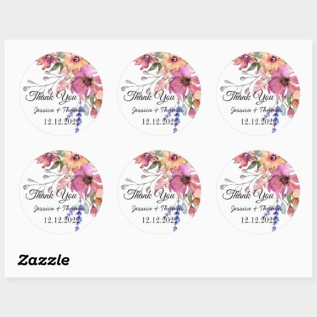 Sticker Rond Aquarelle Peony Fleurs Merci Mariage Faveur C (Feuille)