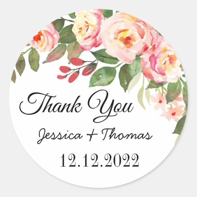 Sticker Rond Aquarelle Peony Fleurs Merci Mariage Faveur C (Devant)