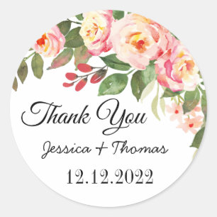 Sticker Rond Aquarelle Peony Fleurs Merci Mariage Faveur C