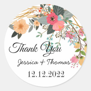 Sticker Rond Aquarelle Peony Fleurs Merci Mariage Faveur C