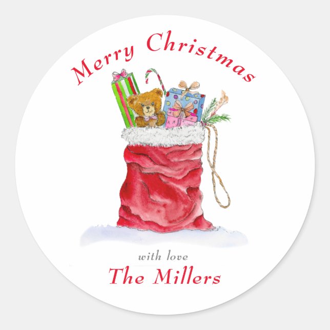 Sticker Rond Aquarelle Père Noël Sac cadeau Noël (Devant)
