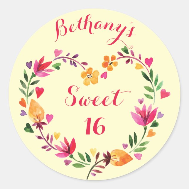 Sticker Rond Aquarelle personnalisée Floral Sweet 16 (Devant)