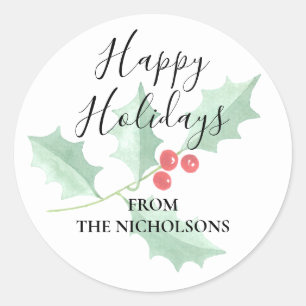 Sticker Rond Aquarelle personnalisée Holly Happy Holidays
