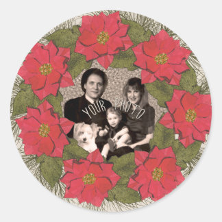 Sticker Rond Aquarelle photo personnalisée Poinsettia Wreath
