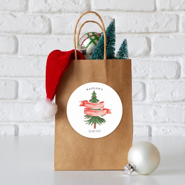 Sticker Rond Aquarelle Pine Arbre Joyeux Petit Anniversaire (Créateur téléchargé)