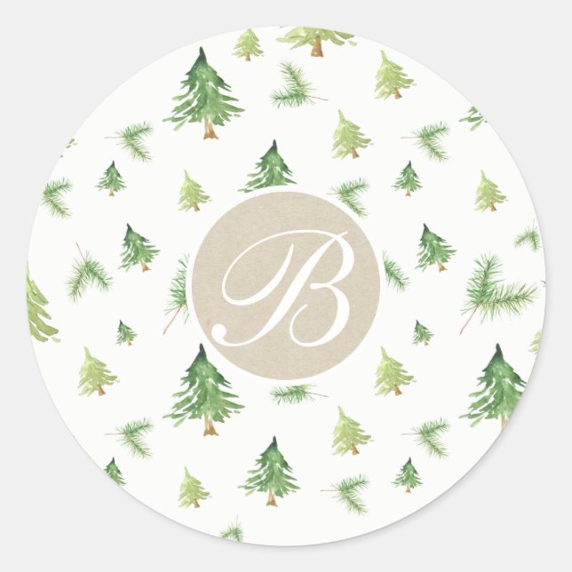 Sticker Rond Aquarelle Pine Arbres Monogramme Première fête Fav (Devant)