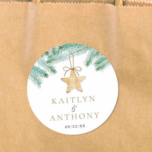 Sticker Rond Aquarelle Pine Boughs Noël Mariage d'hiver (Créateur téléchargé)