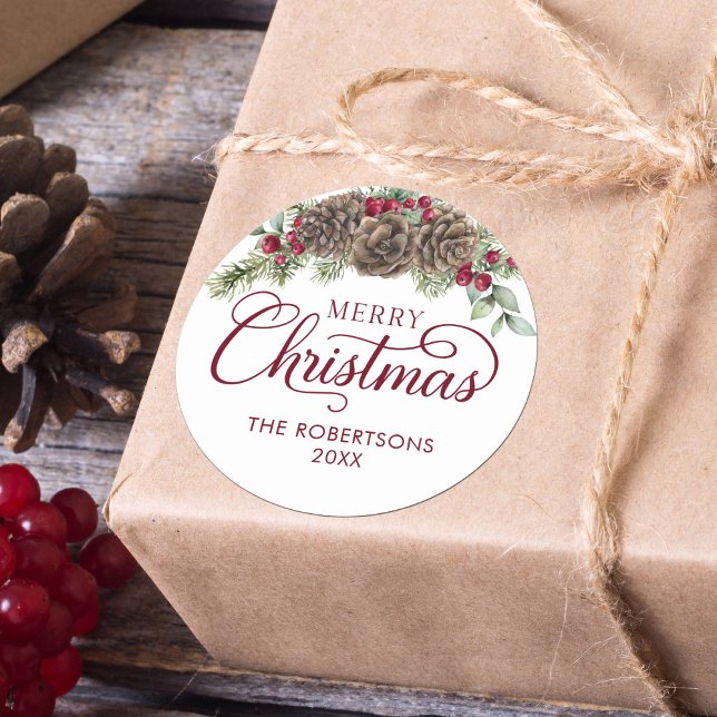 Sticker Rond Aquarelle Pine Cone Script Joyeux Noël (Créateur téléchargé)