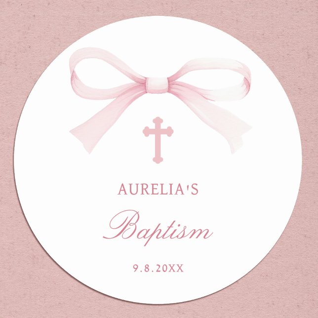 Sticker Rond Aquarelle Pink Bow Baptism (Créateur téléchargé)