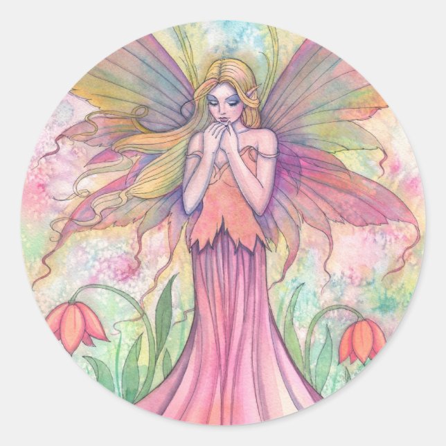 Sticker Rond Aquarelle PInk Fleur sauvage Fairy Imaginaire Art (Devant)