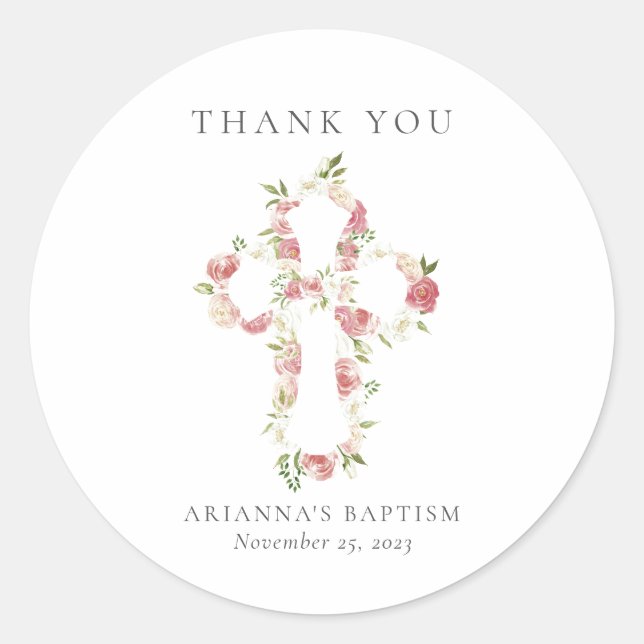 Sticker Rond Aquarelle Pink Floral Cross Baptism Classic Roun (Devant)
