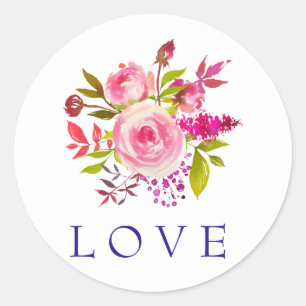 Sticker Rond Aquarelle PInk Floral LOVE Mariage
