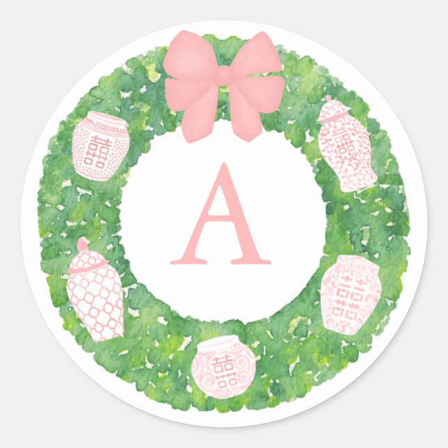 Sticker Rond Aquarelle Pink Ginger Jouet Boxwood Wreath Monogra (Devant)