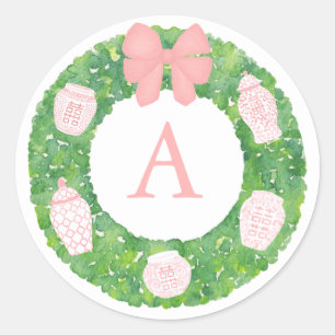 Sticker Rond Aquarelle Pink Ginger Jouet Boxwood Wreath Monogra